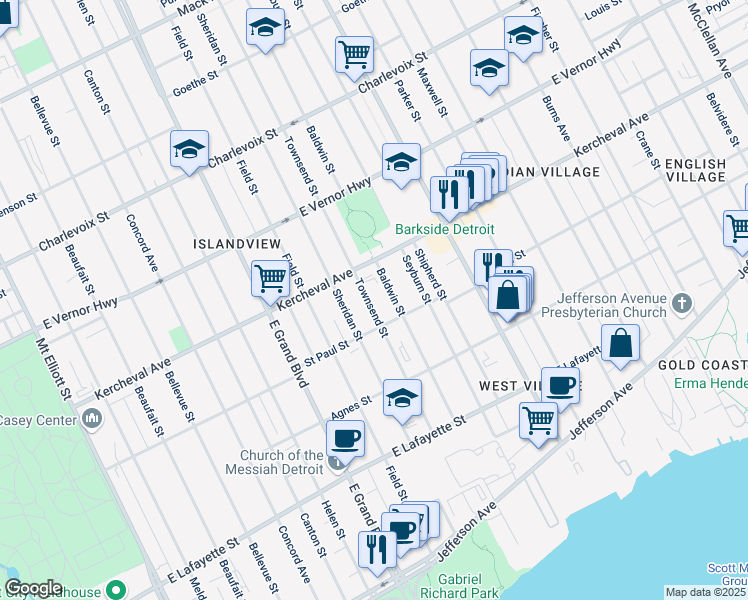 map of restaurants, bars, coffee shops, grocery stores, and more near 1756 Townsend Street in Detroit
