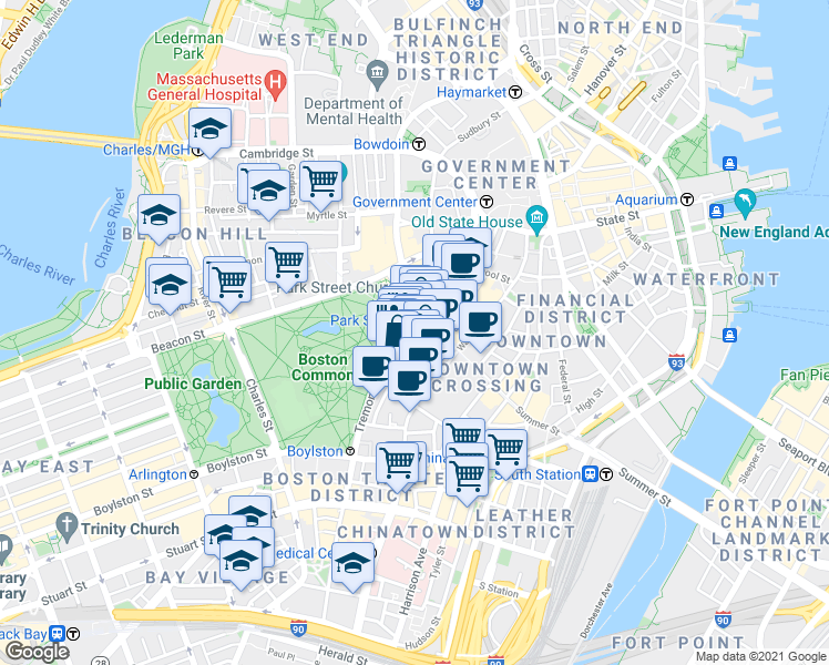 map of restaurants, bars, coffee shops, grocery stores, and more near in Boston