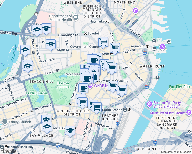 map of restaurants, bars, coffee shops, grocery stores, and more near 450 Washington Street in Boston