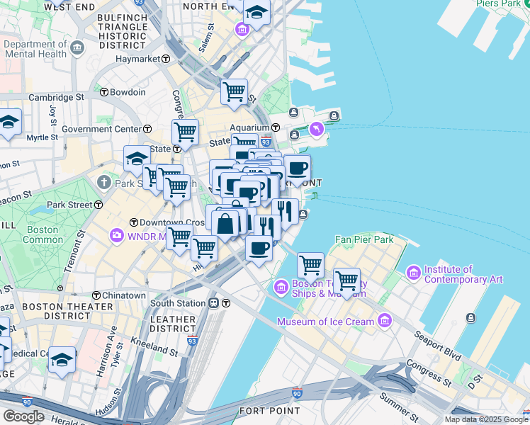 map of restaurants, bars, coffee shops, grocery stores, and more near 1 International Place in Boston
