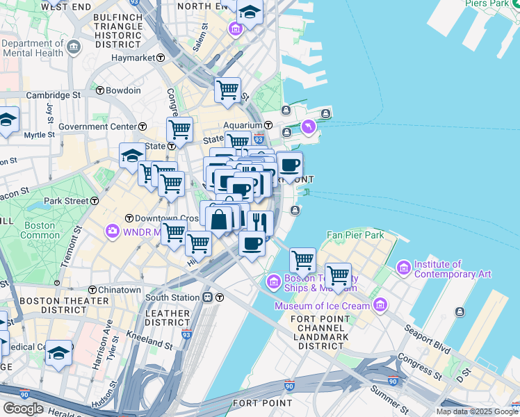 map of restaurants, bars, coffee shops, grocery stores, and more near 150 Oliver Street in Boston