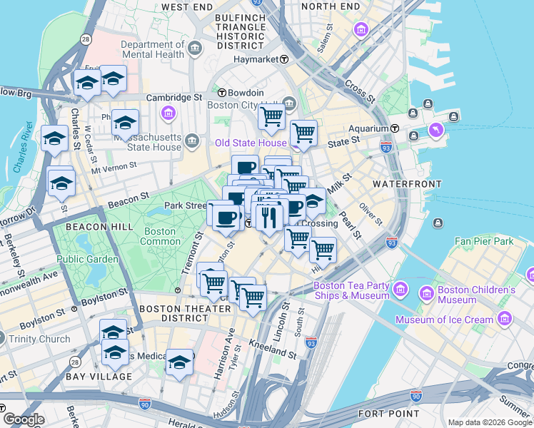 map of restaurants, bars, coffee shops, grocery stores, and more near in Boston