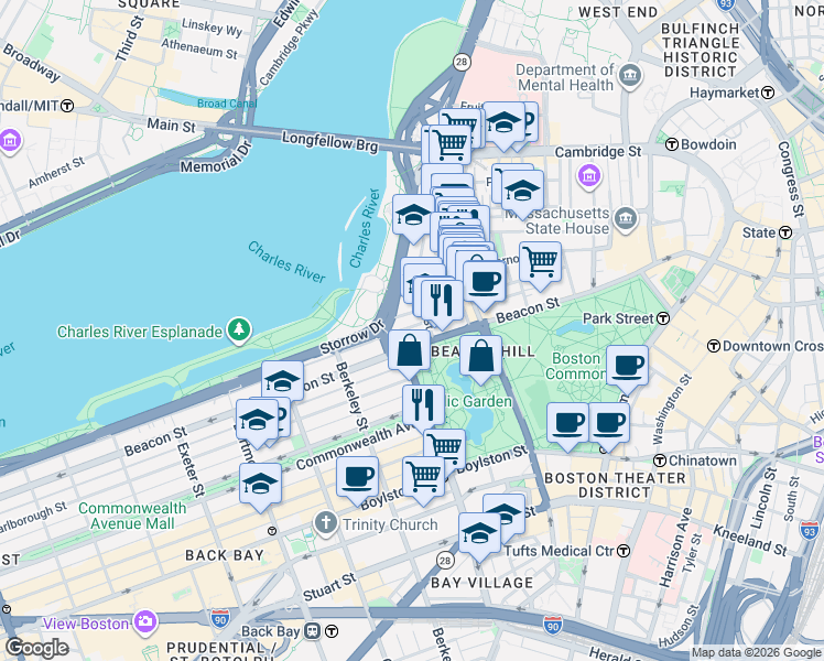 map of restaurants, bars, coffee shops, grocery stores, and more near 87 Beacon Street in Boston