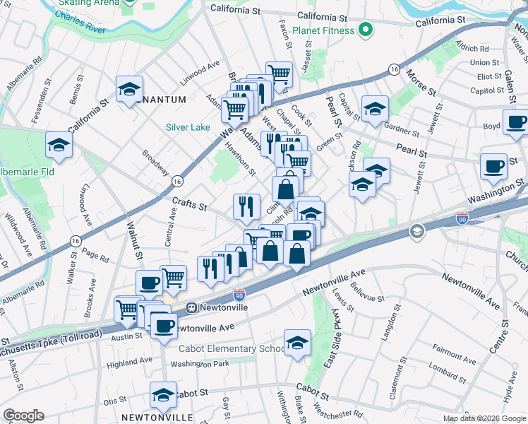 map of restaurants, bars, coffee shops, grocery stores, and more near 61-63 Lincoln Road in Newton