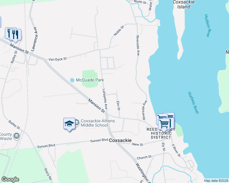 map of restaurants, bars, coffee shops, grocery stores, and more near 27 Elm St in Coxsackie