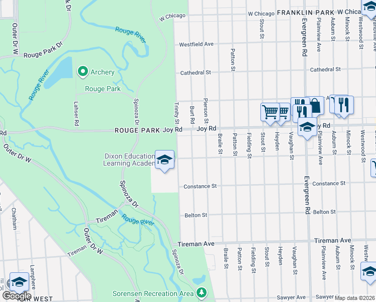 map of restaurants, bars, coffee shops, grocery stores, and more near 8512 Burt Road in Detroit