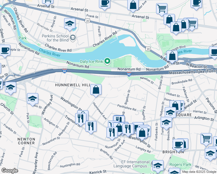 map of restaurants, bars, coffee shops, grocery stores, and more near 168 Newton Street in Boston