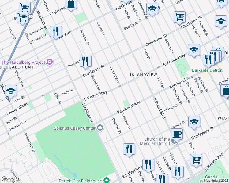 map of restaurants, bars, coffee shops, grocery stores, and more near 2241 Bellevue Street in Detroit