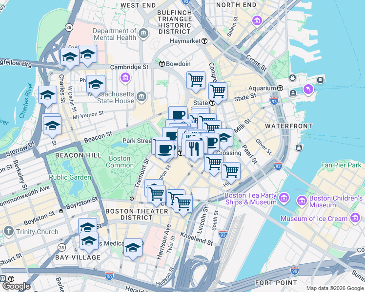 map of restaurants, bars, coffee shops, grocery stores, and more near in Boston