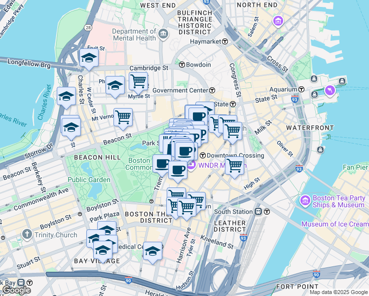 map of restaurants, bars, coffee shops, grocery stores, and more near 10 Temple Place in Boston