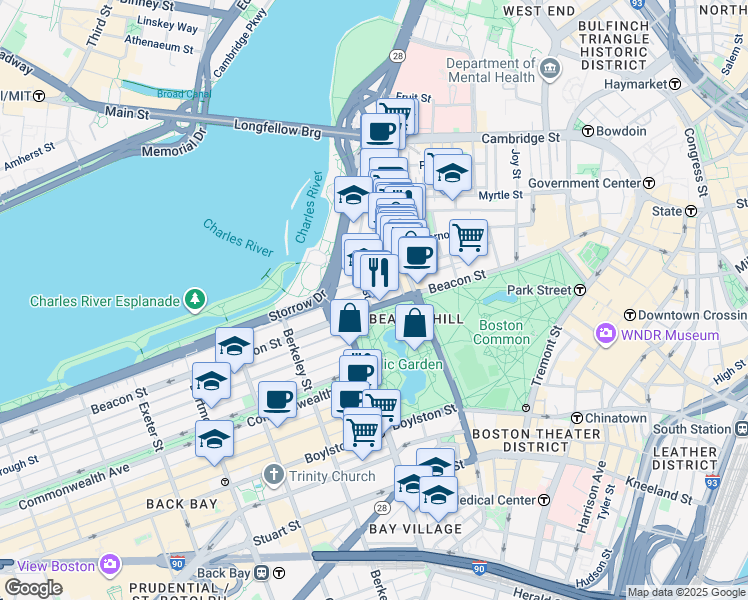 map of restaurants, bars, coffee shops, grocery stores, and more near 87 Beacon Street in Boston