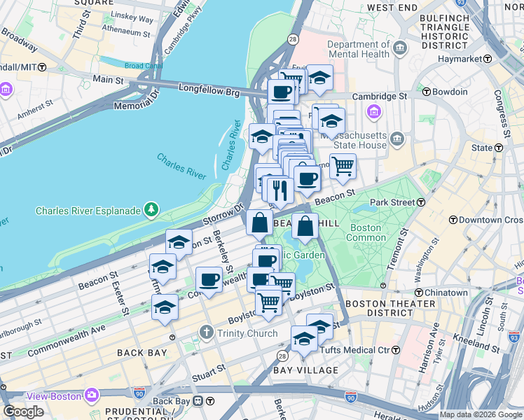 map of restaurants, bars, coffee shops, grocery stores, and more near 87 Beacon Street in Boston