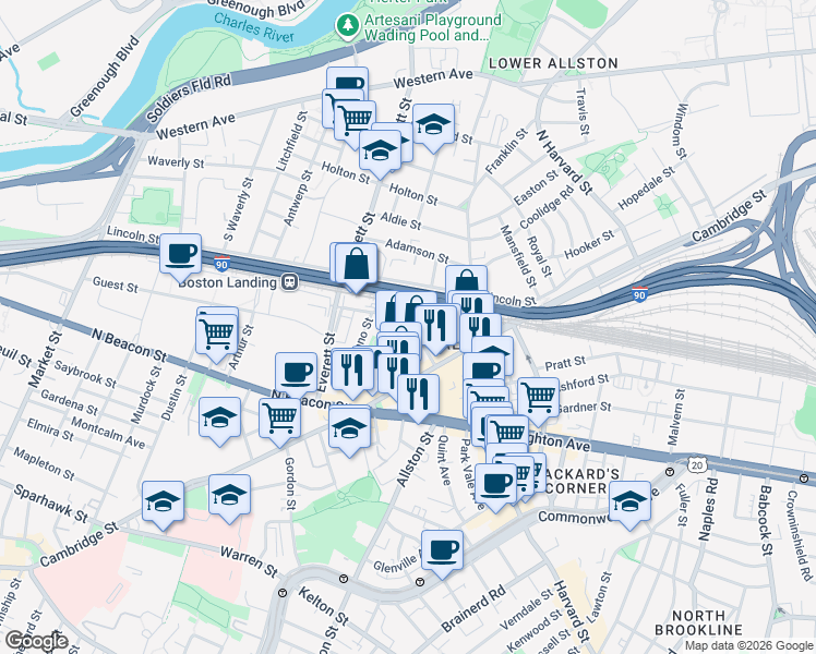 map of restaurants, bars, coffee shops, grocery stores, and more near 32 Rugg Road in Boston