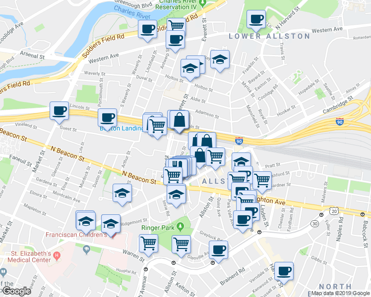 map of restaurants, bars, coffee shops, grocery stores, and more near 53 Hano Street in Boston
