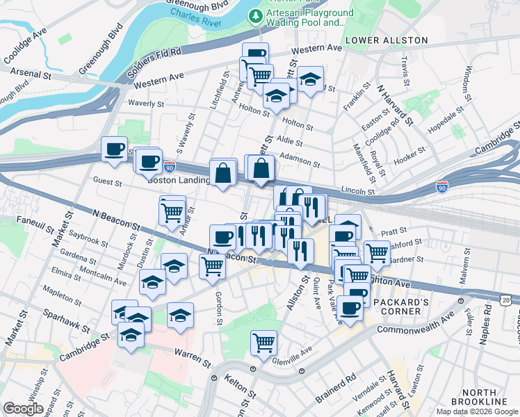 map of restaurants, bars, coffee shops, grocery stores, and more near 53 Hano Street in Boston
