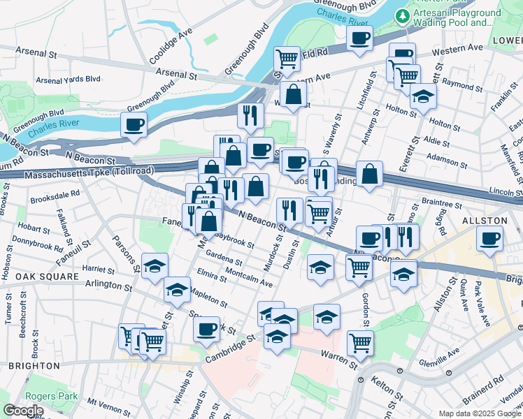 map of restaurants, bars, coffee shops, grocery stores, and more near 160 North Beacon Street in Boston