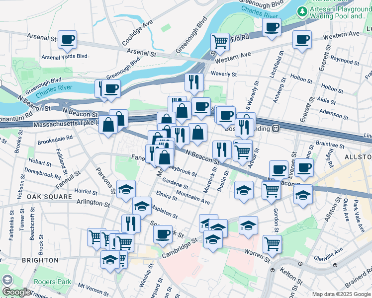 map of restaurants, bars, coffee shops, grocery stores, and more near 9 Glencoe Street in Boston