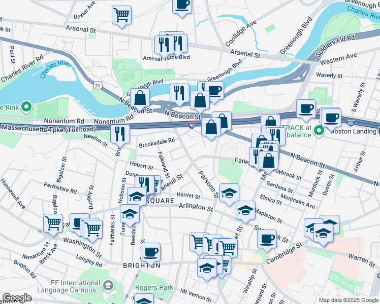map of restaurants, bars, coffee shops, grocery stores, and more near 6 Cresthill Road in Boston
