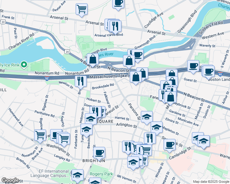 map of restaurants, bars, coffee shops, grocery stores, and more near 6 Cresthill Road in Boston
