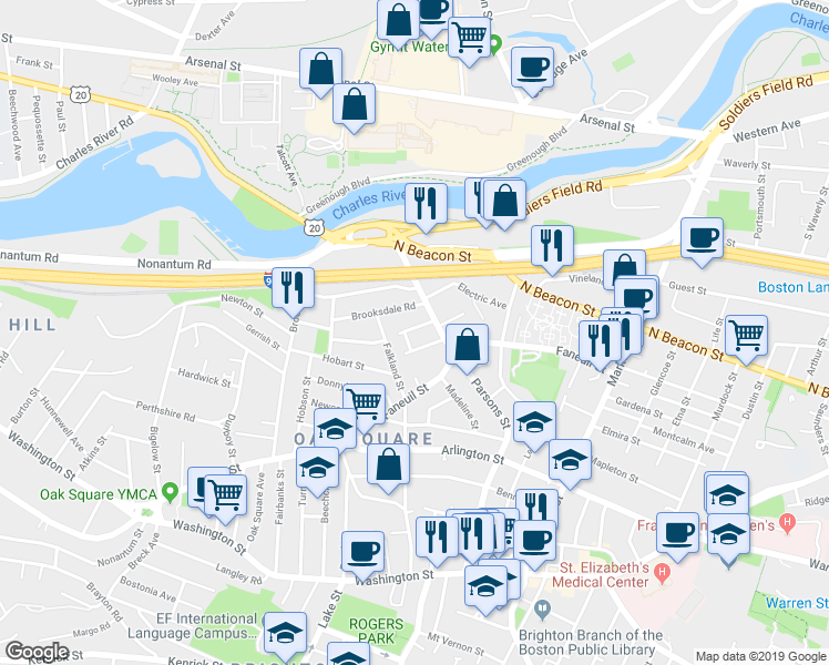 map of restaurants, bars, coffee shops, grocery stores, and more near 6 Cresthill Road in Boston