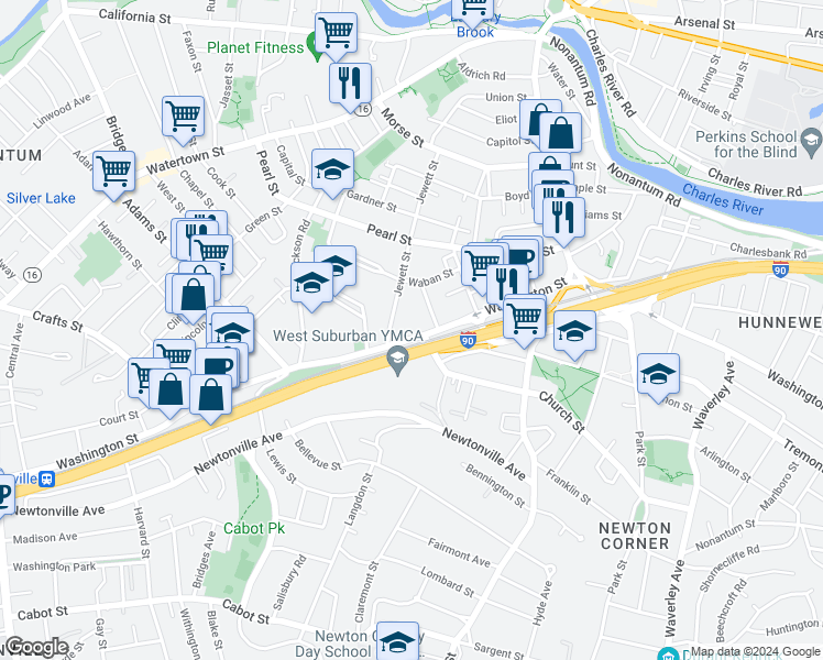 map of restaurants, bars, coffee shops, grocery stores, and more near in Newton