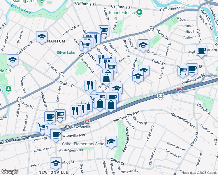 map of restaurants, bars, coffee shops, grocery stores, and more near 40 Lincoln Road in Newton