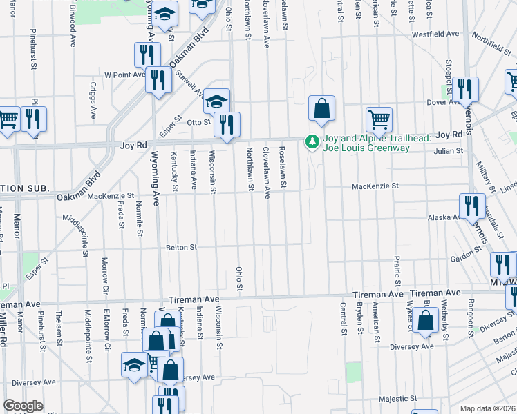 map of restaurants, bars, coffee shops, grocery stores, and more near 8287 Cloverlawn Avenue in Detroit