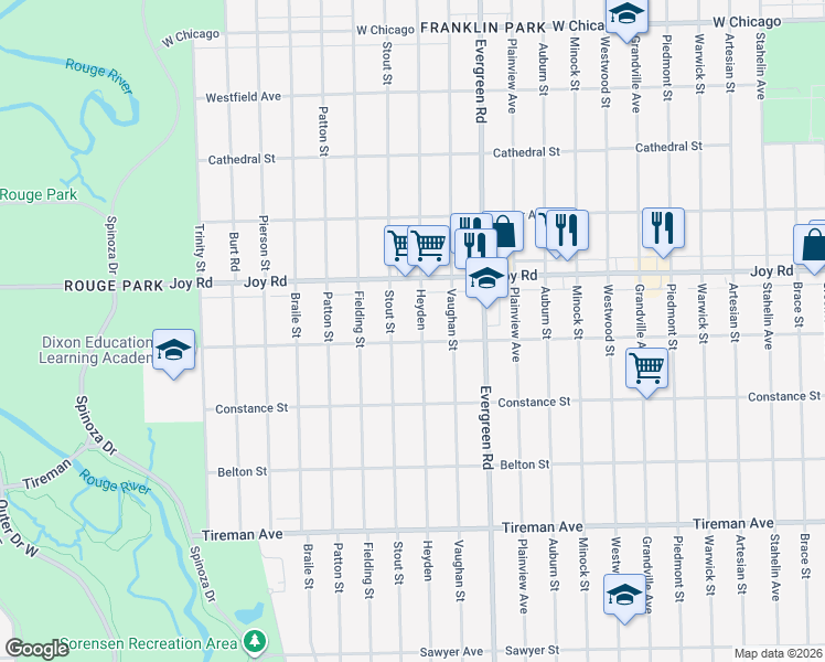 map of restaurants, bars, coffee shops, grocery stores, and more near 8508 Heyden in Detroit