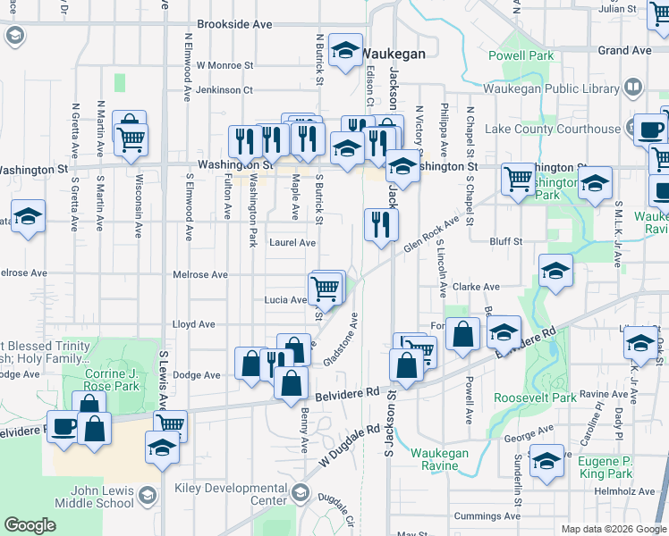 map of restaurants, bars, coffee shops, grocery stores, and more near 1216 Glen Rock Avenue in Waukegan