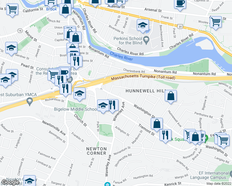 map of restaurants, bars, coffee shops, grocery stores, and more near 137 Washington Street in Newton