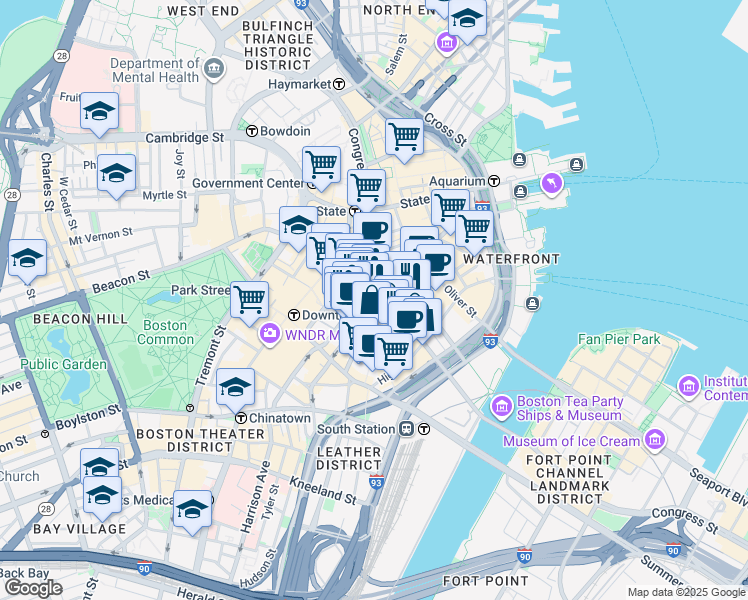 map of restaurants, bars, coffee shops, grocery stores, and more near 1 Federal Street in Boston