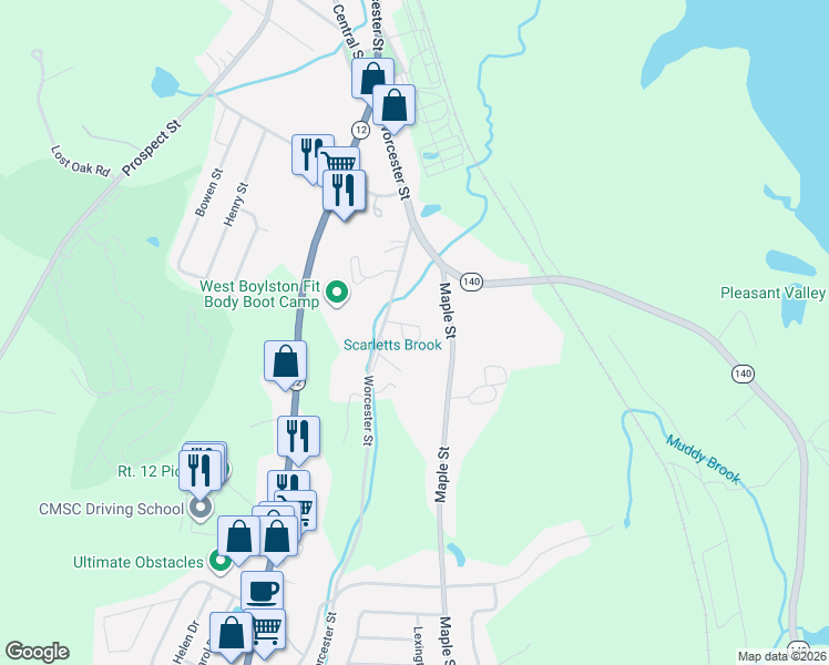 map of restaurants, bars, coffee shops, grocery stores, and more near 14 Richard Avenue in West Boylston