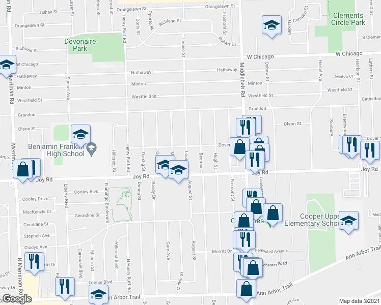 map of restaurants, bars, coffee shops, grocery stores, and more near 8942 Louise Street in Livonia