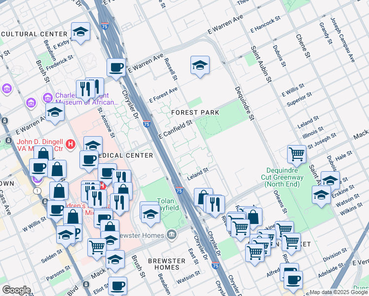 map of restaurants, bars, coffee shops, grocery stores, and more near 1081 Superior Street in Detroit