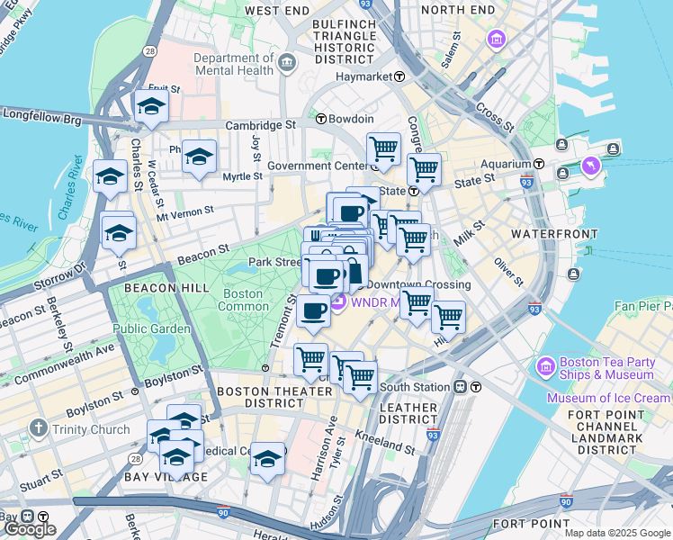 map of restaurants, bars, coffee shops, grocery stores, and more near 24 Winter Street in Boston