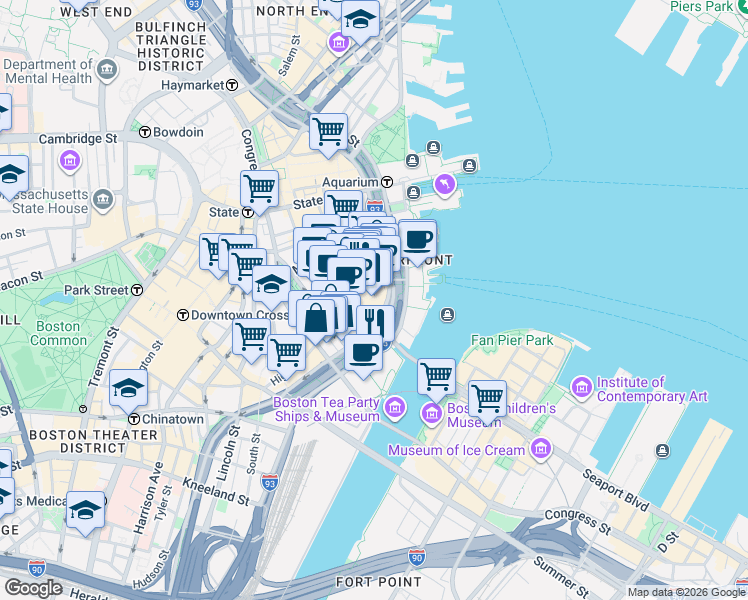 map of restaurants, bars, coffee shops, grocery stores, and more near 1 International Place in Boston