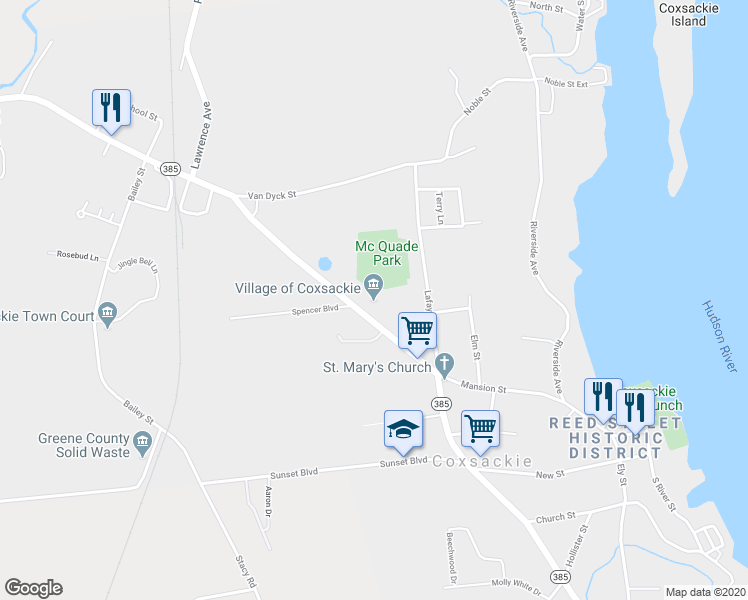 map of restaurants, bars, coffee shops, grocery stores, and more near 119 Mansion Street in Coxsackie