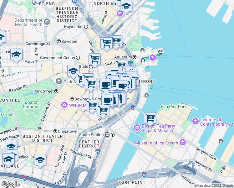 map of restaurants, bars, coffee shops, grocery stores, and more near 225 Franklin Street in Boston