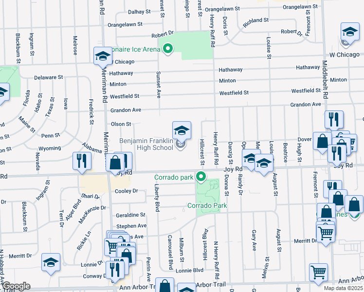 map of restaurants, bars, coffee shops, grocery stores, and more near 31000 Joy Road in Livonia