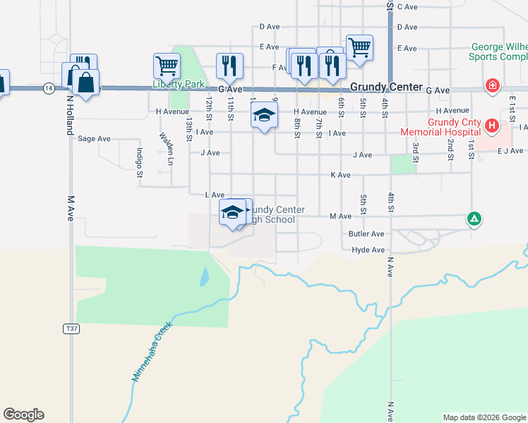 map of restaurants, bars, coffee shops, grocery stores, and more near 907 10th St in Grundy Center