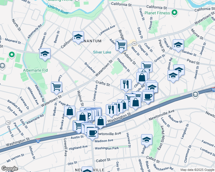 map of restaurants, bars, coffee shops, grocery stores, and more near 132 Crafts Street in Newton