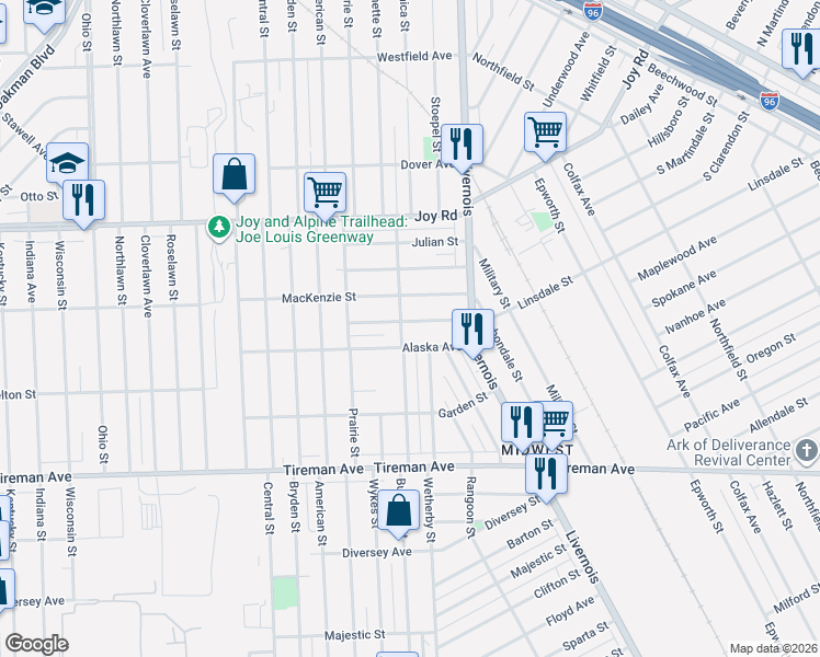 map of restaurants, bars, coffee shops, grocery stores, and more near 8224 Burnette Street in Detroit