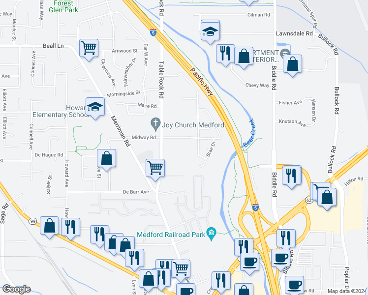 map of restaurants, bars, coffee shops, grocery stores, and more near 636 Midway Road in Medford