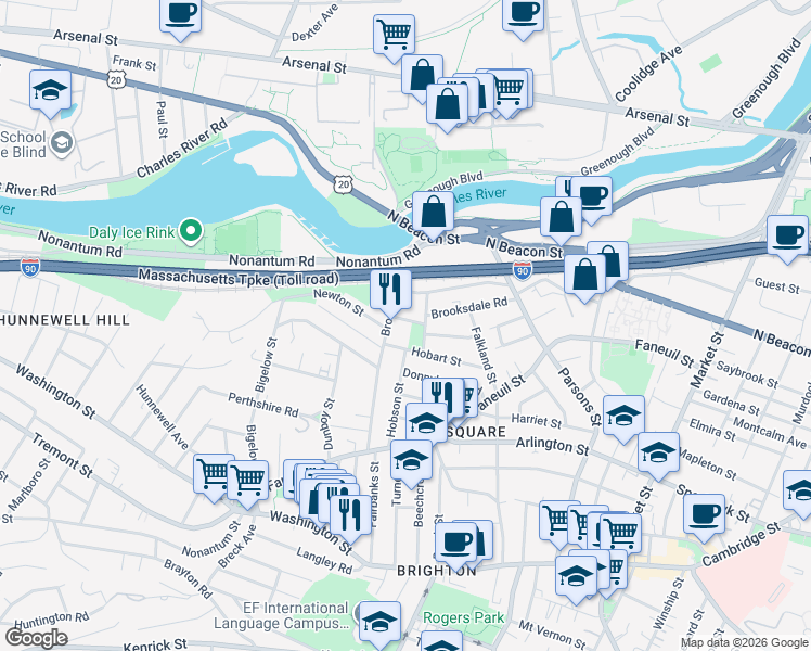 map of restaurants, bars, coffee shops, grocery stores, and more near 89 Hobart Street in Boston