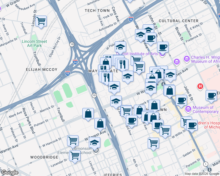 map of restaurants, bars, coffee shops, grocery stores, and more near 5058 Anthony Wayne Drive in Detroit