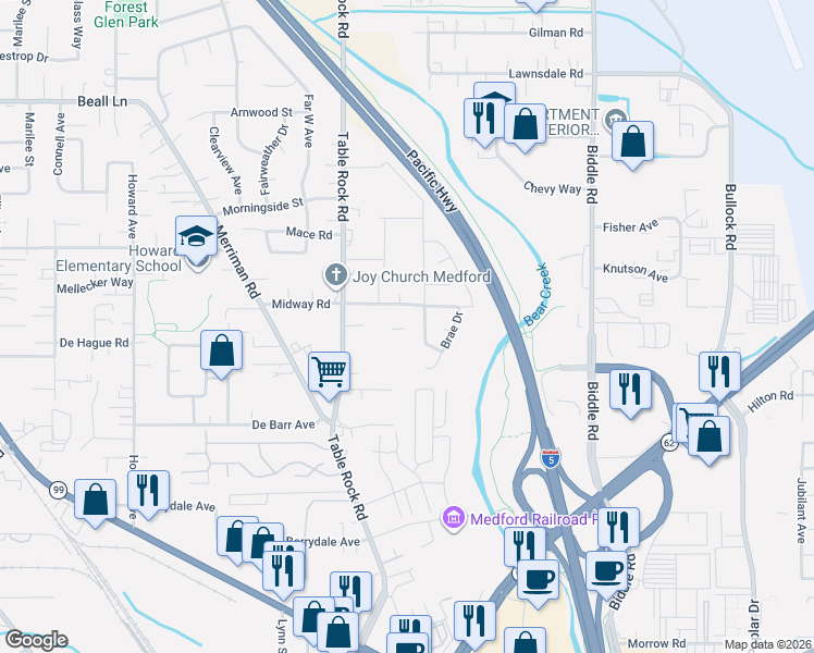 map of restaurants, bars, coffee shops, grocery stores, and more near 2640 Table Rock Road in Medford