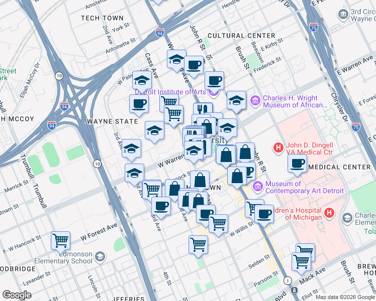map of restaurants, bars, coffee shops, grocery stores, and more near Warren Ave W & Cass Ave in Detroit