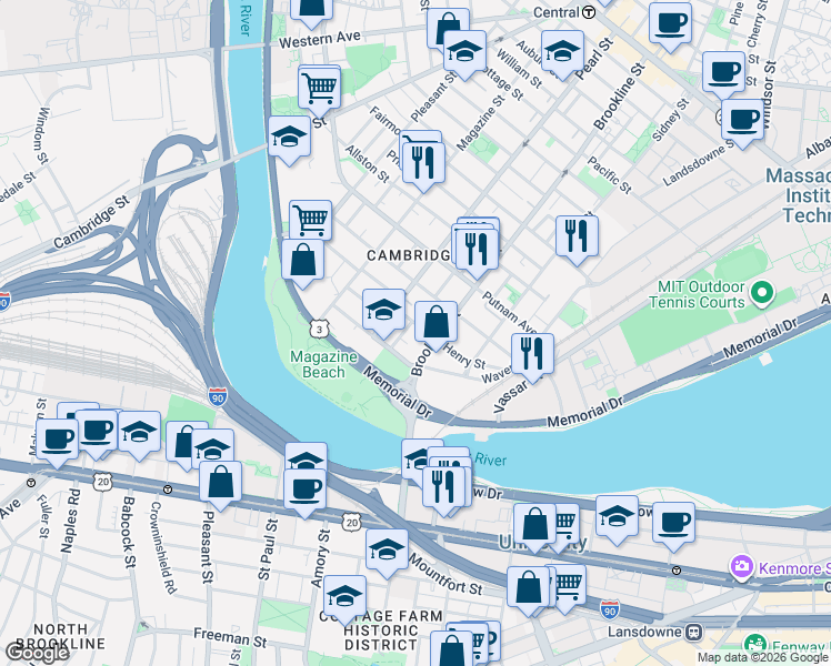 map of restaurants, bars, coffee shops, grocery stores, and more near 57 Granite Street in Cambridge