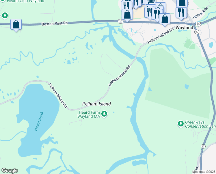 map of restaurants, bars, coffee shops, grocery stores, and more near 151 Pelham Island Road in Wayland