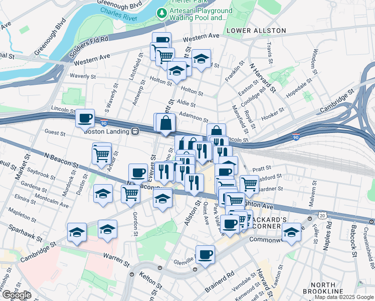 map of restaurants, bars, coffee shops, grocery stores, and more near 80 Rugg Road in Boston